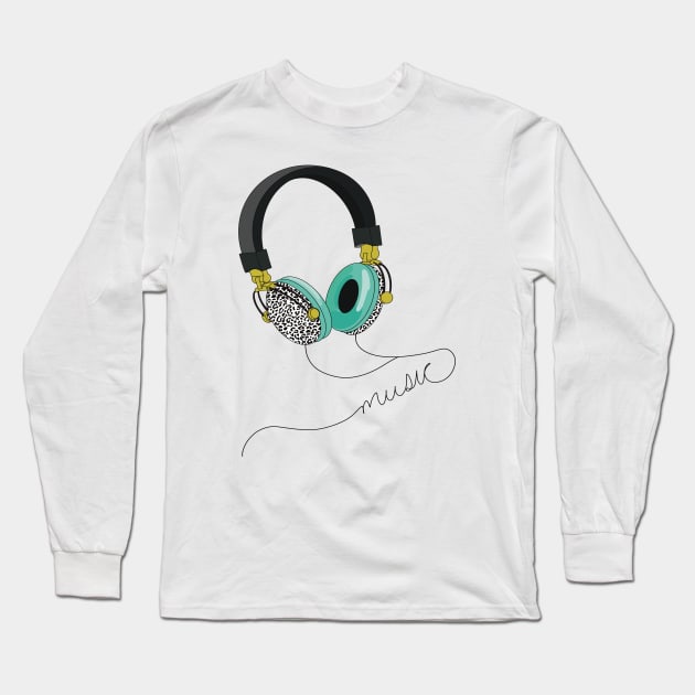 Funky headphones with aqua blue ear muffs and black and white leopard print designs on the outside Long Sleeve T-Shirt by Fruit Tee